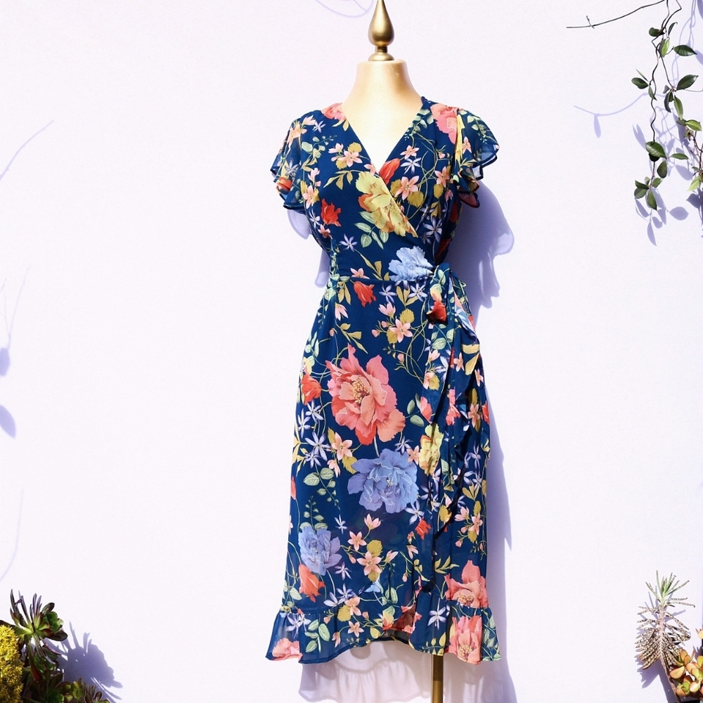 Sweet Pea New York by Stacy Frati High Low Ruffle Wrap Dress, Floral Medium - Picture 1 of 11